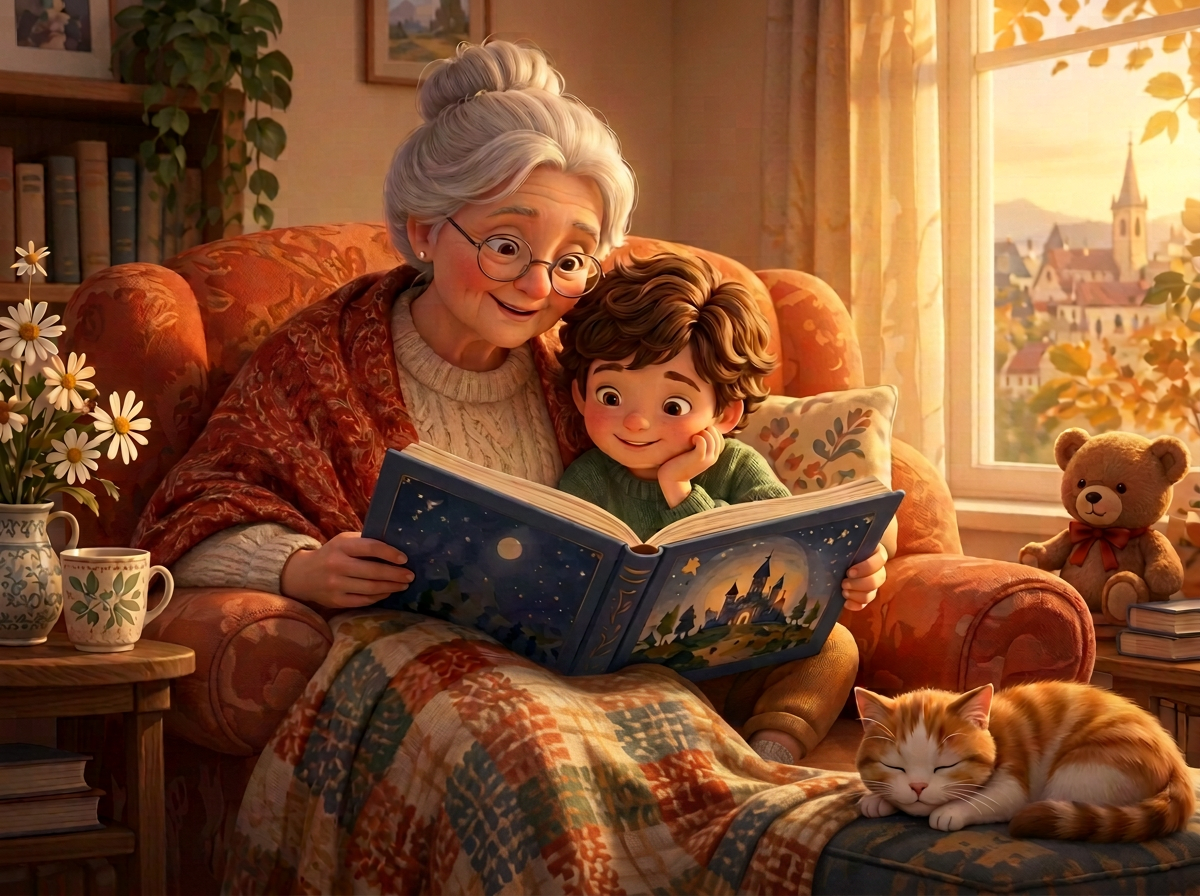 Avó e criança lendo juntos um livro ilustrado